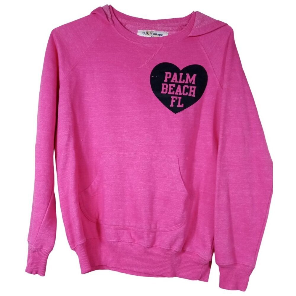 U.S. Vintage by Exist Palm Beach FL Hot Pink/Black Heart Womens Hooded Sweatshir